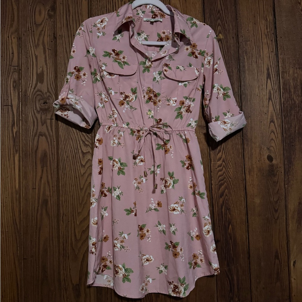 Vintage-Inspired Pink Floral Shirt Dress with Tie Waist